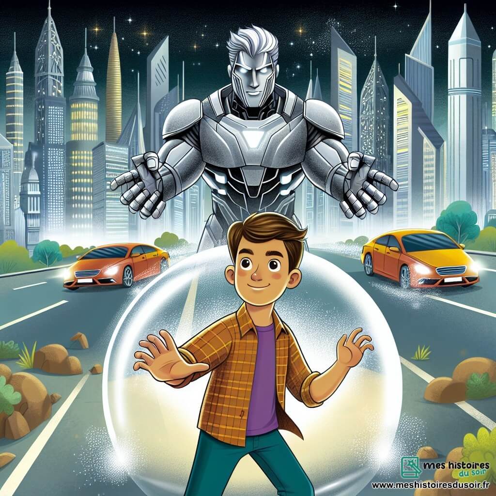 Une illustration destinée aux enfants représentant un jeune homme courageux et déterminé, doté de pouvoirs surhumains, affrontant un redoutable ennemi dans une ville futuriste remplie de gratte-ciel étincelants et de voitures volantes.