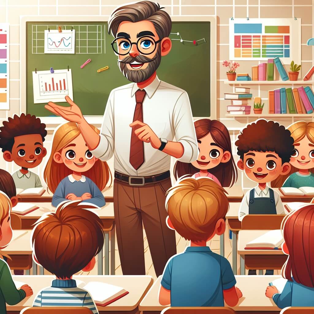 Une illustration destinée aux enfants représentant un instituteur passionné, entouré de ses élèves curieux, dans une salle de classe chaleureuse et lumineuse, remplie de livres colorés et de tableaux accrochés aux murs.