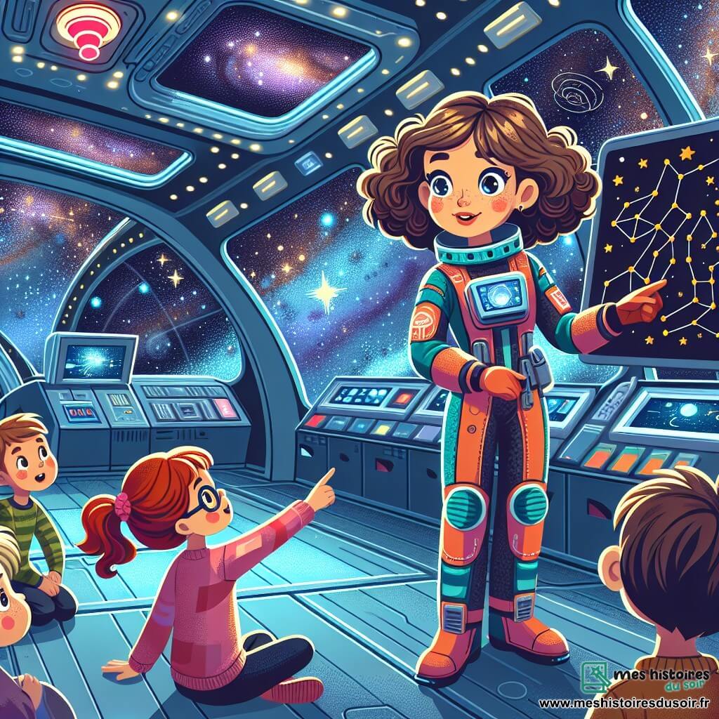 Une illustration sous forme de dessin destinée aux enfants représentant l'intérieur d'un vaisseau spatial futuriste, avec de grandes baies vitrées offrant une vue spectaculaire sur un océan d'étoiles scintillantes, où une femme aux cheveux bruns et bouclés, vêtue d'une combinaison spatiale colorée, se tient avec un sourire confiant tout en montrant une carte des constellations à un groupe d'enfants curieux, dont une fille aux cheveux roux et un garçon aux lunettes, qui écoutent attentivement et pointent du doigt les étoiles, tandis qu'une alarme rouge clignote en arrière-plan, signalant une situation d'urgence imminente.