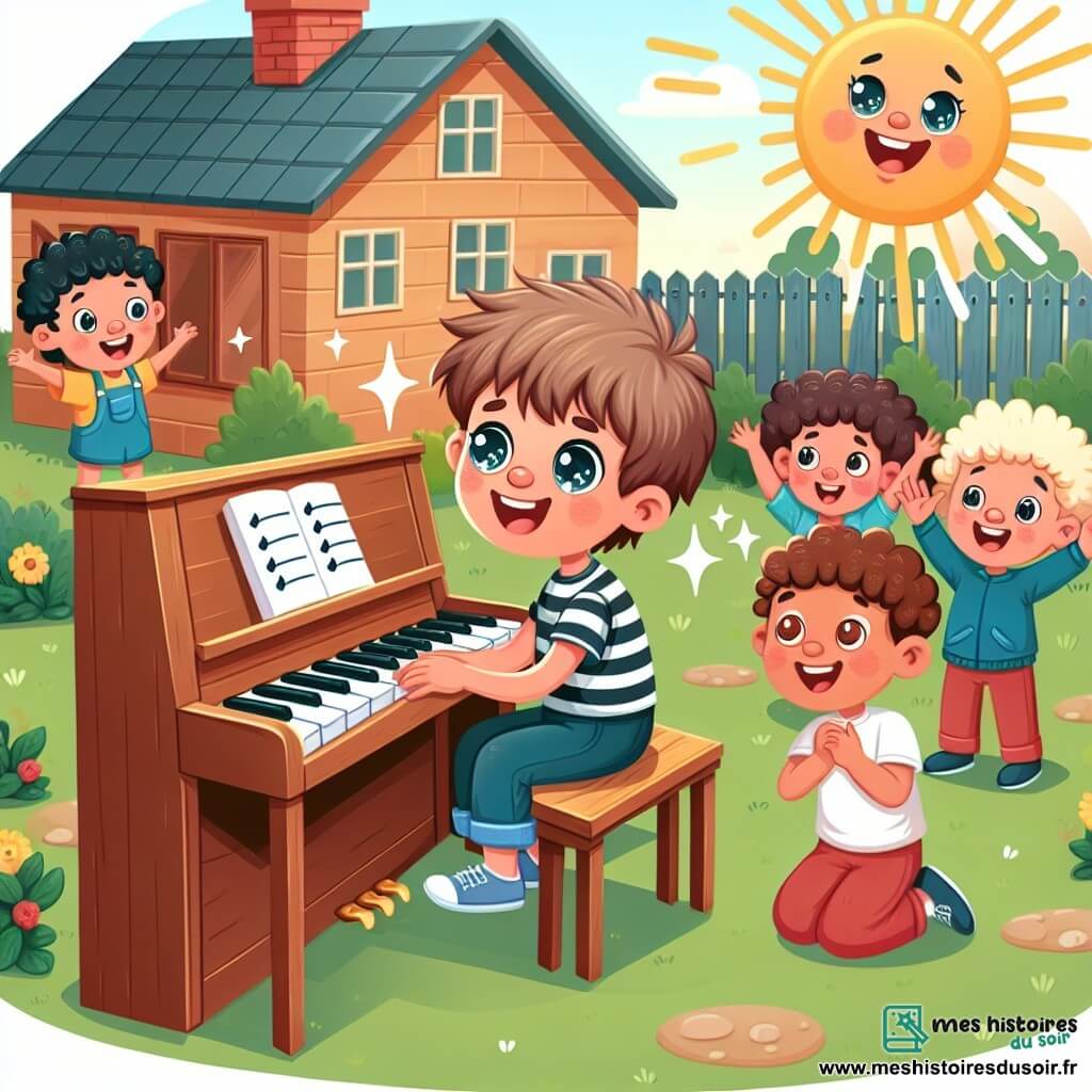 Une illustration sous forme de dessin destinée aux enfants représentant une scène ensoleillée dans un petit village, avec un garçon de 12 ans aux cheveux ébouriffés et aux yeux pétillants, assis devant un piano en bois dans le jardin de sa grand-mère, jouant une mélodie joyeuse, tandis que deux amis, une fille aux cheveux bouclés et un garçon au sourire timide, l'encouragent avec des applaudissements et des sourires, illustrant la confiance en soi et le soutien de l'amitié.