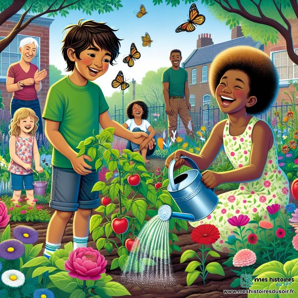 Illustration destinée aux enfants représentant un jardin communautaire en plein été, avec des fleurs colorées et des légumes en pleine croissance, entouré de murs en briques anciennes et de grands arbres offrant de l'ombre. Au centre, un garçon de 11 ans aux cheveux châtains et aux yeux pétillants, vêtu d'un t-shirt vert et de shorts, s'agenouille pour arroser un pommier, un sourire rayonnant sur son visage. À ses côtés, une fille de 8 ans aux cheveux blonds et bouclés, portant une robe à fleurs, tient un arrosoir et rit joyeusement en regardant son frère. En arrière-plan, des parents souriants, un homme et une femme, se tiennent la main, observant leurs enfants avec fierté, tandis que des papillons virevoltent autour des fleurs, ajoutant une touche de magie à cette scène de partage et d'amour familial.