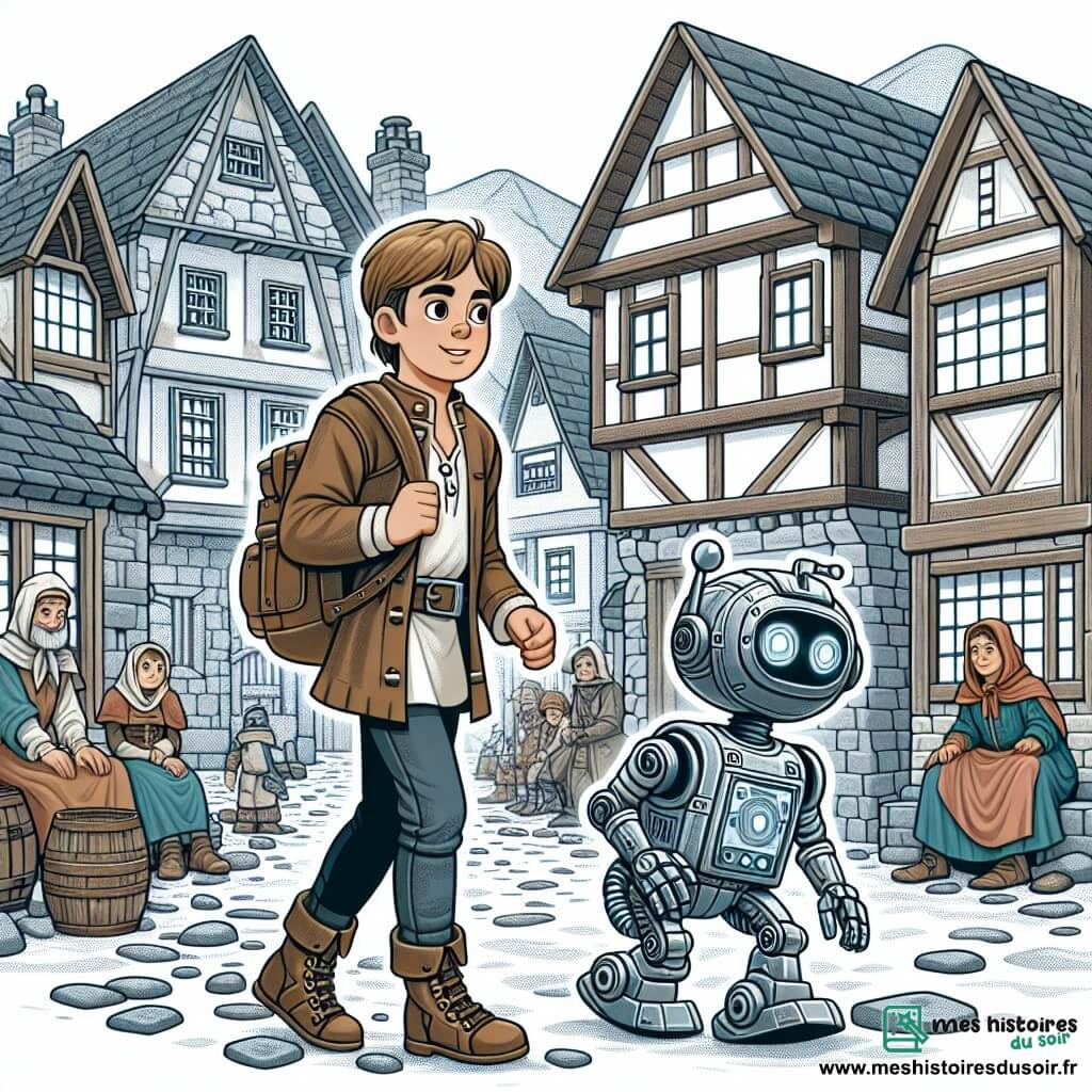 Une illustration destinée aux enfants représentant un jeune garçon intrépide se retrouvant propulsé dans le passé, accompagné d'un petit robot futuriste nommé Roby, dans un village médiéval entouré de maisons en pierre aux toits en pente, des ruelles pavées et des habitants vêtus de costumes anciens.