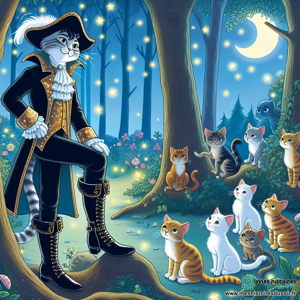 Une illustration sous forme de dessin destinée aux enfants représentant une clairière enchantée baignée par la lumière douce de la lune, où un chat botté, élégant et audacieux, se tient sur un tronc d'arbre, ses bottes en cuir brillantes scintillant sous les étoiles, tandis qu'autour de lui, un groupe de chats de différentes couleurs et tailles, des chatons aux matous, l'écoutent avec émerveillement, tous unis pour revendiquer leurs droits face aux humains, créant une atmosphère de camaraderie et de magie dans ce royaume féerique.