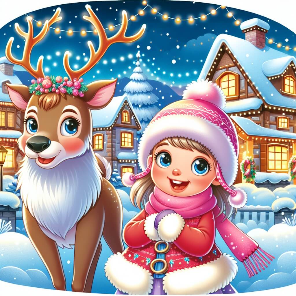 Une illustration destinée aux enfants représentant une petite fille, les yeux brillants d'excitation, accompagnée d'un renne majestueux, dans un village enneigé où les maisons sont décorées de guirlandes scintillantes et où un sapin géant trône au milieu de la place principale.