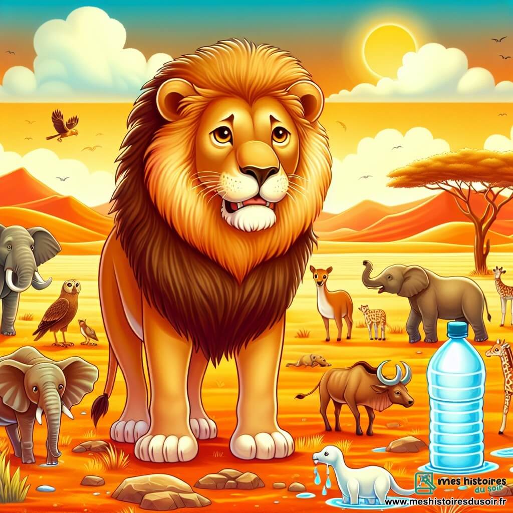 Une illustration destinée aux enfants représentant un lion majestueux, au cœur de la savane africaine, entouré d'animaux assoiffés, cherchant désespérément de l'eau dans un paysage aride et brûlant.