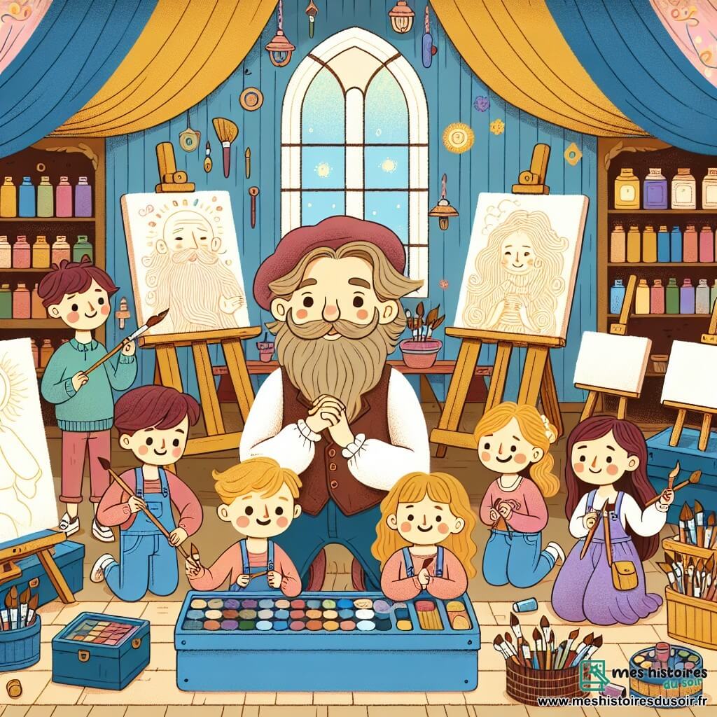 Une illustration destinée aux enfants représentant un artiste au grand cœur, entouré de jeunes apprentis artistes talentueux, dans son atelier magique rempli de couleurs, de pinceaux et de toiles vierges, à Campagne-sur-Ciel.