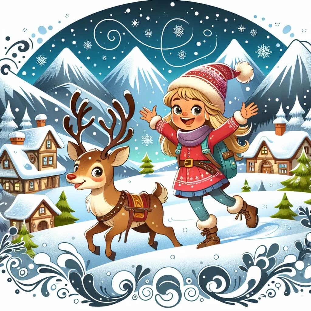 Une illustration destinée aux enfants représentant une jeune fille pleine de joie, se préparant à une aventure extraordinaire pour rencontrer le père Noël, accompagnée d'un renne amical, dans un village pittoresque entouré de montagnes enneigées et de flocons de neige tourbillonnants.