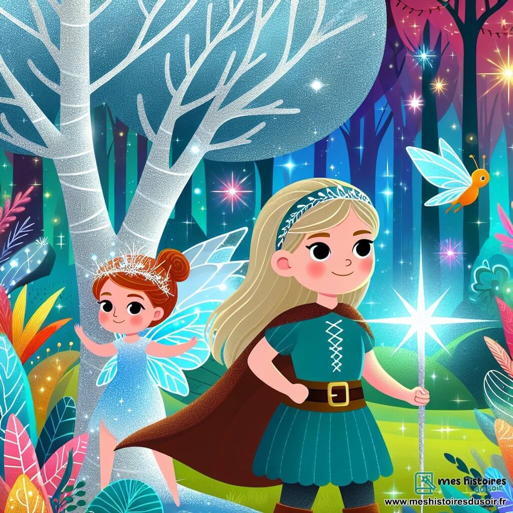 Une illustration destinée aux enfants représentant une jeune femme courageuse se tenant devant un arbre argenté dans une forêt enchantée, accompagnée d'une fée étincelante, entourée de créatures fantastiques aux couleurs chatoyantes, dans un royaume magique où la lumière triomphe des ténèbres.