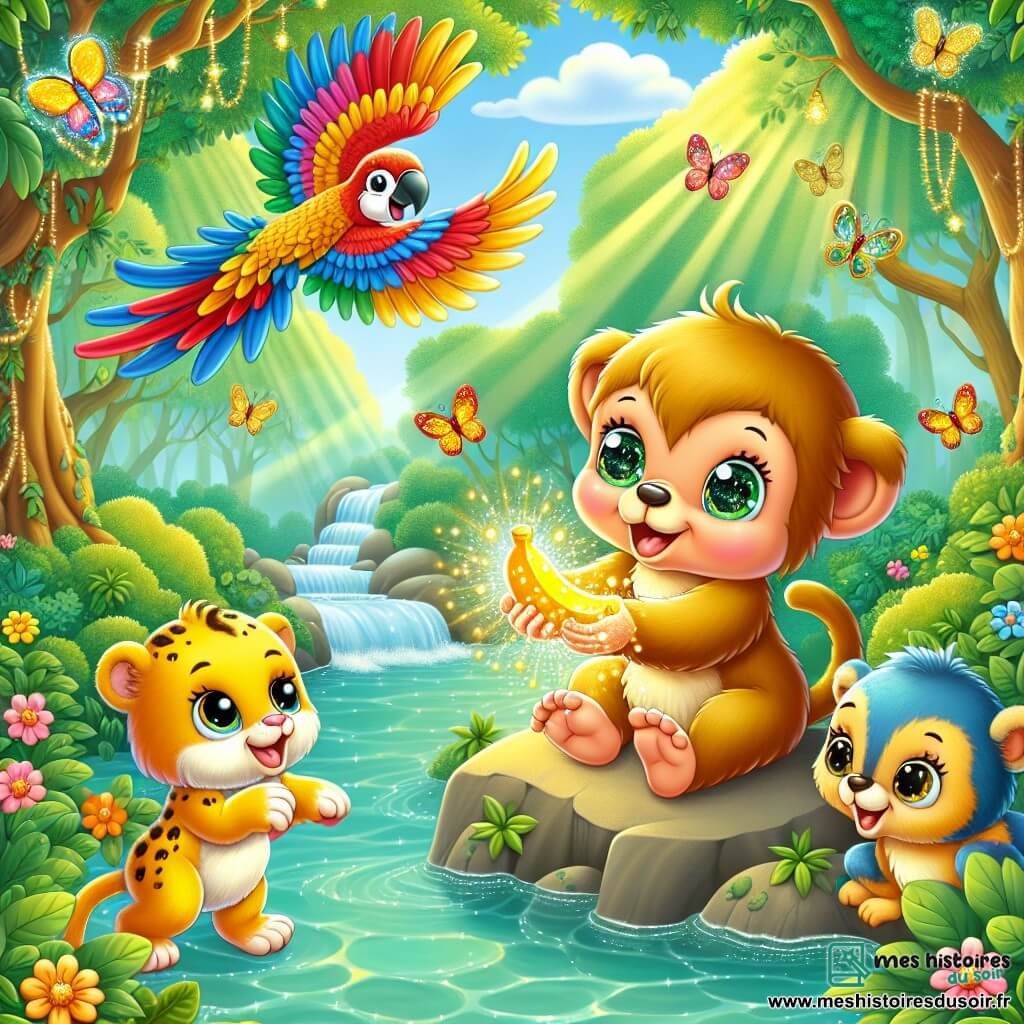Illustration d'une scène enchantée au bord d'une rivière scintillante, entourée d'arbres aux feuilles vert émeraude et de fleurs colorées dansant au vent. Au premier plan, un singe au pelage doux et doré, avec de grands yeux pétillants, est assis sur une pierre, tenant une banane dorée. À côté, un perroquet aux plumes rouges, bleues et vertes vole joyeusement, tandis qu'un lionceau au pelage jaune s'approche avec un sourire espiègle. La scène montre le singe partageant la banane magique avec ses amis, illustrant la joie et l'amitié. En arrière-plan, des rayons de soleil percent à travers les branches, créant une atmosphère chaleureuse et magique, avec des papillons colorés virevoltant autour.