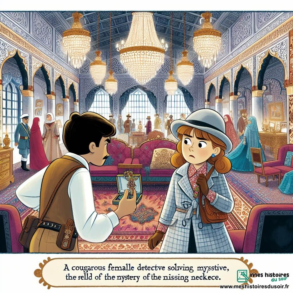 Une illustration destinée aux enfants représentant une femme détective courageuse résolvant le mystère du collier disparu avec l'aide d'un artiste mystérieux, dans la magnifique salle du château royal de la reine Isadora, où brillent des lustres étincelants et des tapisseries anciennes.