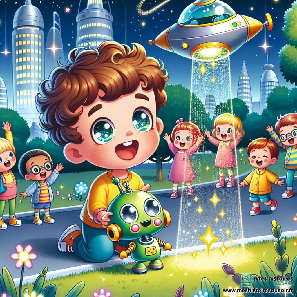 Une illustration sous forme de dessin destinée aux enfants représentant un parc futuriste dans la ville d'Étoile-Pluie, avec des fleurs luminescentes chantant autour d'un garçon de 5 ans aux cheveux bouclés et aux yeux pétillants, qui rit en jouant avec un petit robot vert à antennes, tandis qu'un groupe d'enfants aux vêtements colorés les entoure, tous émerveillés par un vaisseau spatial scintillant qui vient d'atterrir, créant une atmosphère magique et joyeuse.