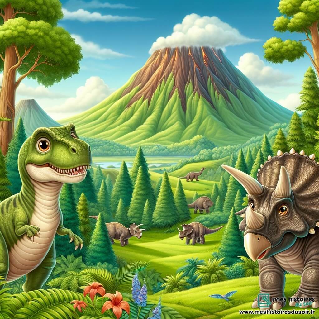 Une illustration destinée aux enfants représentant un jeune tyrannosaure Rex aux yeux pétillants, accompagné d'un imposant tricératops mâle, dans la vallée verdoyante de Cératopsia, entourés de majestueux volcans endormis et d'arbres géants.