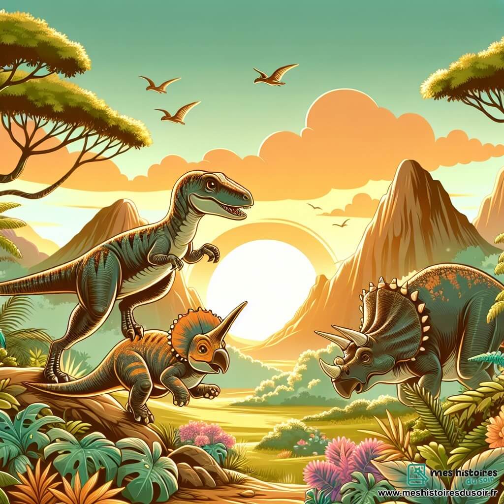 Une illustration destinée aux enfants représentant un vélociraptor vif et curieux se lançant dans une aventure avec un tricératops bébé, dans la luxuriante vallée des dinosaures baignée par les teintes chaudes du soleil levant.