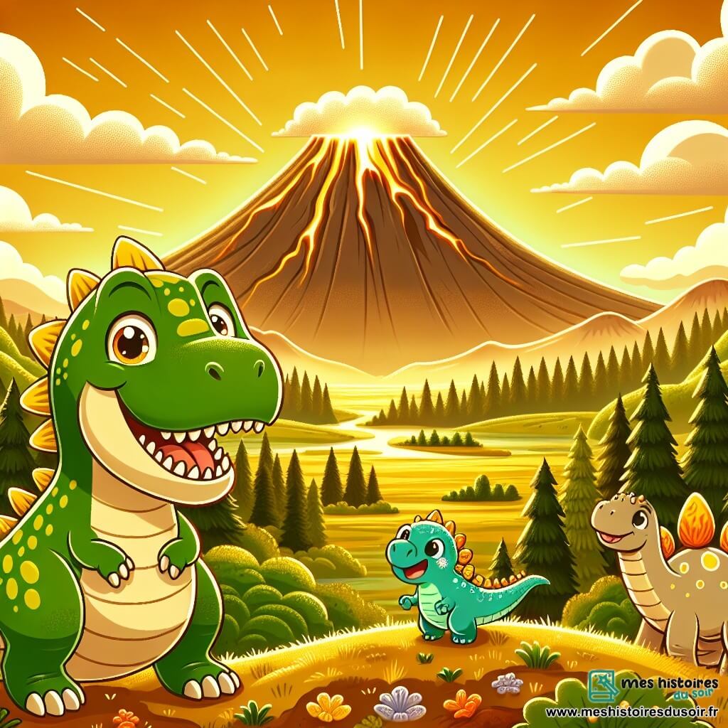Une illustration sous forme de dessin destinée aux enfants représentant une vaste vallée préhistorique baignée par la lumière dorée du soleil, avec un majestueux Tyrannosaure Rex aux écailles vertes et jaunes, aux yeux pétillants de curiosité, en train d'explorer une forêt dense près d'un volcan, tandis qu'un petit stégosaure aux plaques colorées et une dragonne des nuages aux écailles scintillantes flottent joyeusement autour de lui, tous trois prêts à vivre une aventure magique à la recherche d'un nuage triste à réconforter.