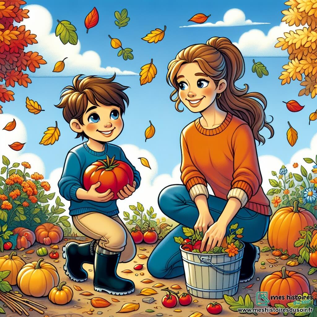 Illustration d'un jardin coloré en automne, avec des arbres aux feuilles dorées, rouges et oranges, et un ciel bleu clair parsemé de nuages blancs. Au centre, un garçon de 5 ans, aux cheveux bruns en bataille et au sourire éclatant, est accroupi avec une tomate rouge bien mûre dans les mains. Il porte un t-shirt bleu, un pantalon beige et des bottes en caoutchouc. À ses côtés, une femme d'environ 30 ans, avec de longs cheveux châtains en queue de cheval, sourit en ramassant des feuilles mortes. Elle est vêtue d'un pull orange et d'un jean. La scène montre le garçon et la femme préparant le jardin pour l'hiver, entourés de citrouilles orange et de légumes colorés, avec des feuilles tombant doucement autour d'eux, créant une atmosphère chaleureuse et joyeuse.