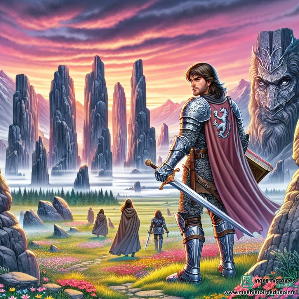 Illustration d'une scène épique dans la Vallée des Échos, un lieu mystérieux avec des rochers majestueux entourés d'une brume légère. Le sol est parsemé de fleurs colorées, contrastant avec les teintes grises des pierres, sous un ciel crépusculaire teinté de rose et d'orange. Au centre, un chevalier d'une trentaine d'années, en armure brillante ornée de dragons, se tient fièrement avec une épée pointée vers le sol, scrutant l'horizon. À ses côtés, une jeune femme d'environ vingt ans, vêtue d'une cape de voyage, observe attentivement un ancien manuscrit, cherchant une réponse cruciale. Ils font face à un défi imminent, entourés d'échos mystérieux et d'ombres symbolisant leurs peurs et doutes, dans une atmosphère chargée de tension et d'espoir.