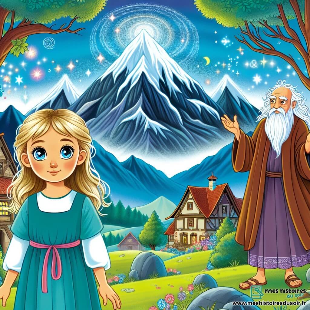 Une illustration destinée aux enfants représentant une petite fille aux yeux brillants se tenant devant une montagne sacrée, accompagnée d'un mystérieux Philosophe des Temps Anciens, dans un village paisible au cœur de la forêt, où la sagesse et la vérité se mêlent aux murmures du vent et aux chants des oiseaux.