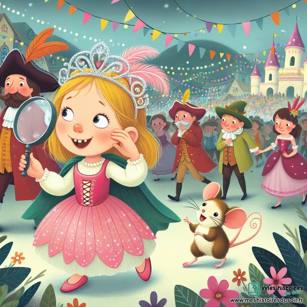Une illustration destinée aux enfants représentant une fillette espiègle à la recherche de son costume de fée scintillant, accompagnée d'une petite souris mousquetaire, dans la vallée enchantée de Féeriland, en pleine effervescence pour le carnaval.