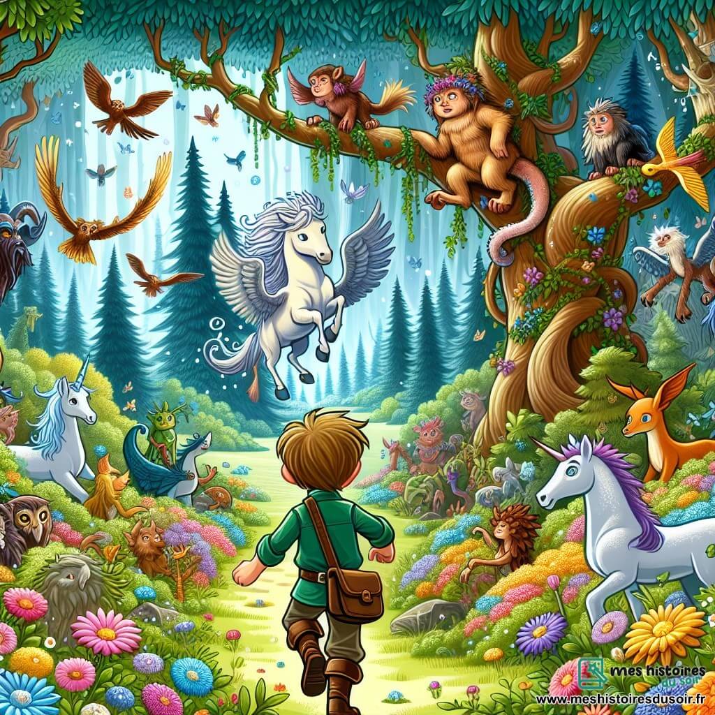 Une illustration destinée aux enfants représentant un jeune garçon intrépide, entouré de créatures fantastiques, explorant une forêt enchantée aux arbres majestueux et aux fleurs multicolores.
