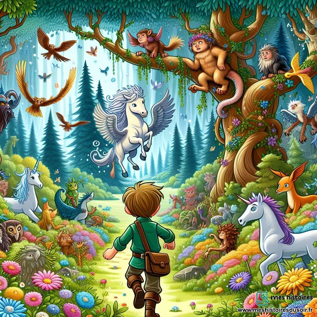 Une illustration destinée aux enfants représentant un jeune garçon intrépide, entouré de créatures fantastiques, explorant une forêt enchantée aux arbres majestueux et aux fleurs multicolores.