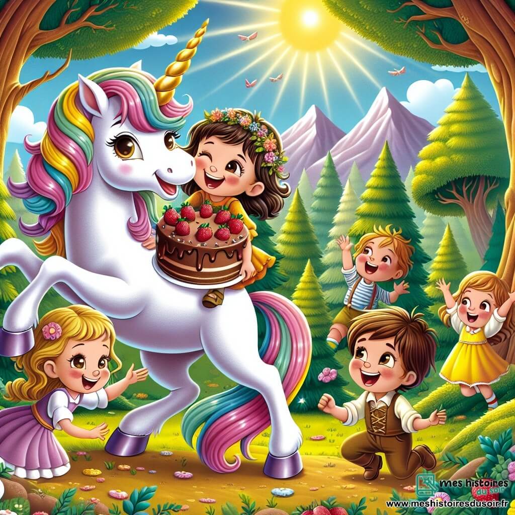 Une illustration sous forme de dessin destinée aux enfants représentant une forêt enchantée aux arbres majestueux et colorés, où une licorne aux sabots scintillants et à la crinière arc-en-ciel, pleine de curiosité, joue joyeusement avec un groupe d'enfants, dont un garçon aux cheveux ébouriffés et une fille en robe jaune, tous riant et s'amusant autour d'un gâteau au chocolat décoré de fraises, sous un ciel lumineux et ensoleillé.