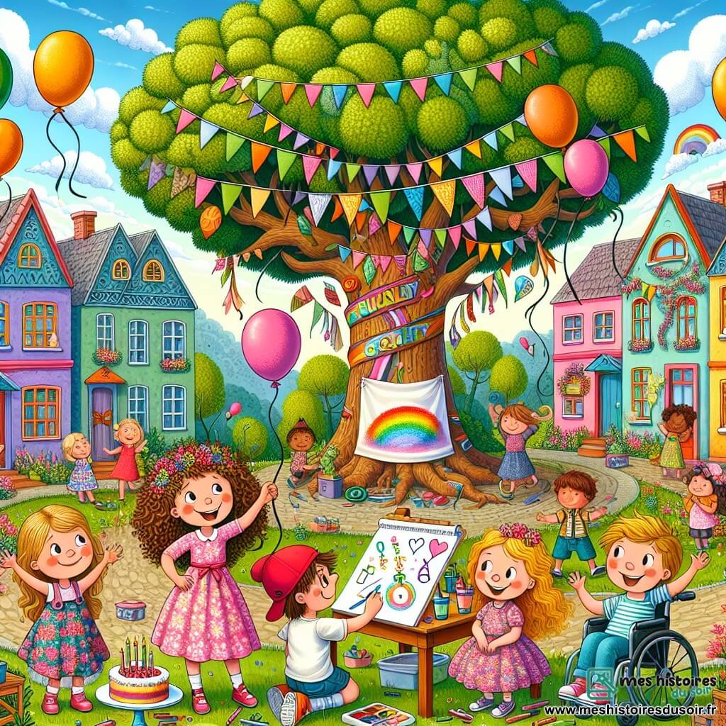 Illustration d'un parc coloré avec des maisons vives et des arbres majestueux. Au centre, un grand chêne aux feuilles vertes éclatantes sert de point de rassemblement. Quatre enfants sont présents : une fille de 8 ans avec de longs cheveux bouclés et une robe rose, souriant avec une affiche colorée ; un garçon de 9 ans en casquette rouge, sautant de joie ; une fille de 7 ans en robe à fleurs, dessinant avec des crayons ; et un garçon de 10 ans en fauteuil roulant, applaudissant avec enthousiasme. La scène montre les enfants préparant une fête pour célébrer l’égalité des genres, entourés de ballons colorés, de gâteaux et de jus de fruits sur une table. Des affiches d'égalité sont accrochées aux arbres, et d'autres enfants du village s'approchent, curieux et souriants, prêts à participer.