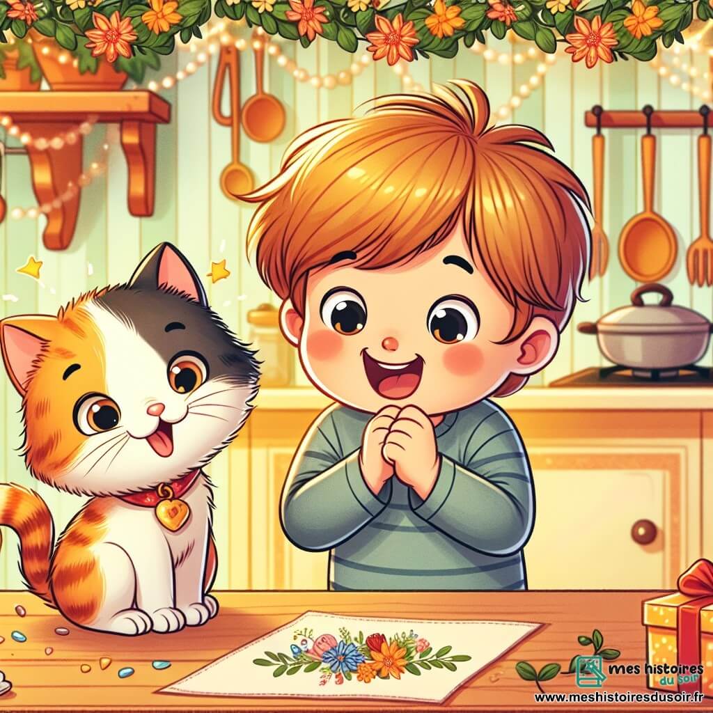 Une illustration destinée aux enfants représentant un petit garçon malicieux préparant une surprise pour sa maman, accompagné de son chat espiègle, dans une cuisine chaleureuse décorée de guirlandes de fleurs.