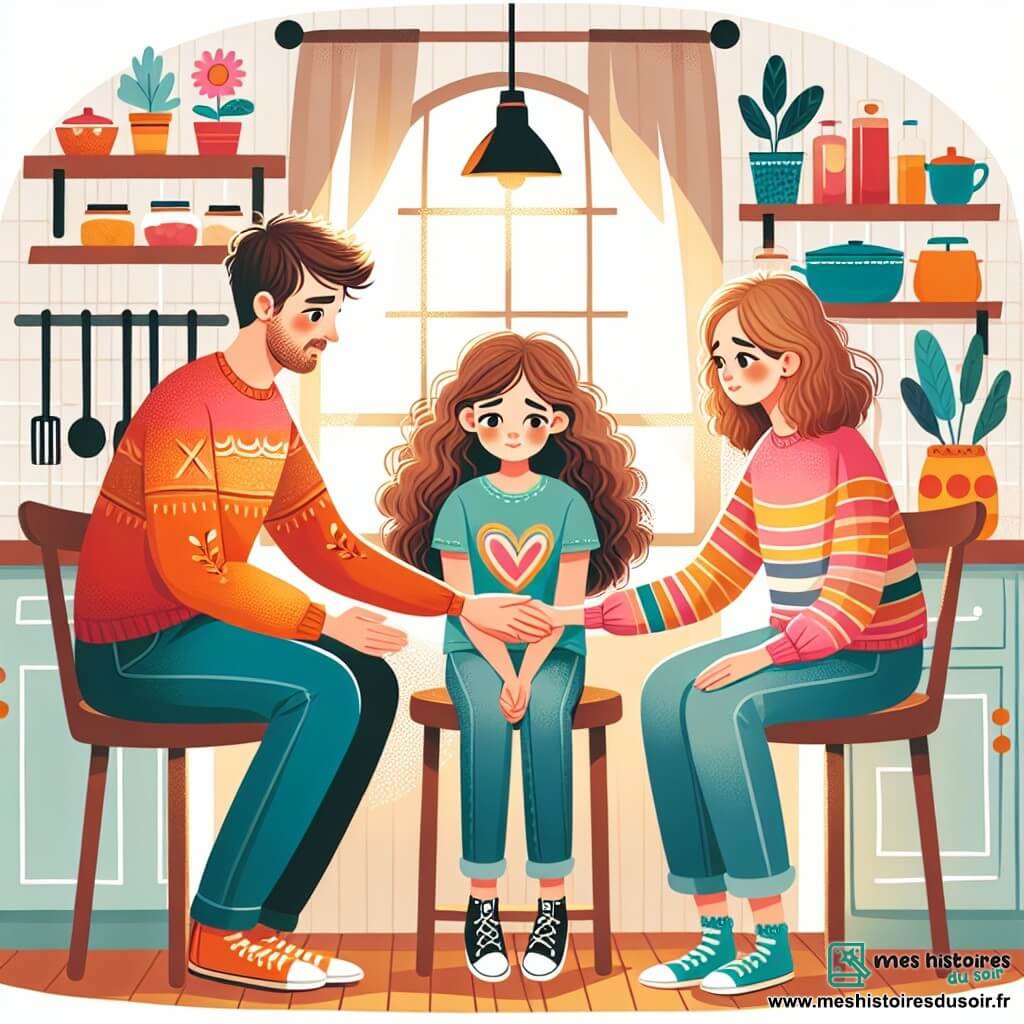 Une illustration sous forme de dessin destinée aux enfants représentant une chaleureuse cuisine familiale, avec une petite fille de 9 ans aux cheveux châtains et bouclés, portant un t-shirt coloré et un pantalon en jean, assise entre ses deux parents, un homme aux cheveux bruns et une femme aux cheveux blonds, tous les trois se tenant par la main dans un moment de réconciliation, entourés de couleurs vives et d'objets du quotidien, tandis qu'une lumière douce filtre à travers la fenêtre, symbolisant l'amour et l'harmonie retrouvés dans leur foyer.