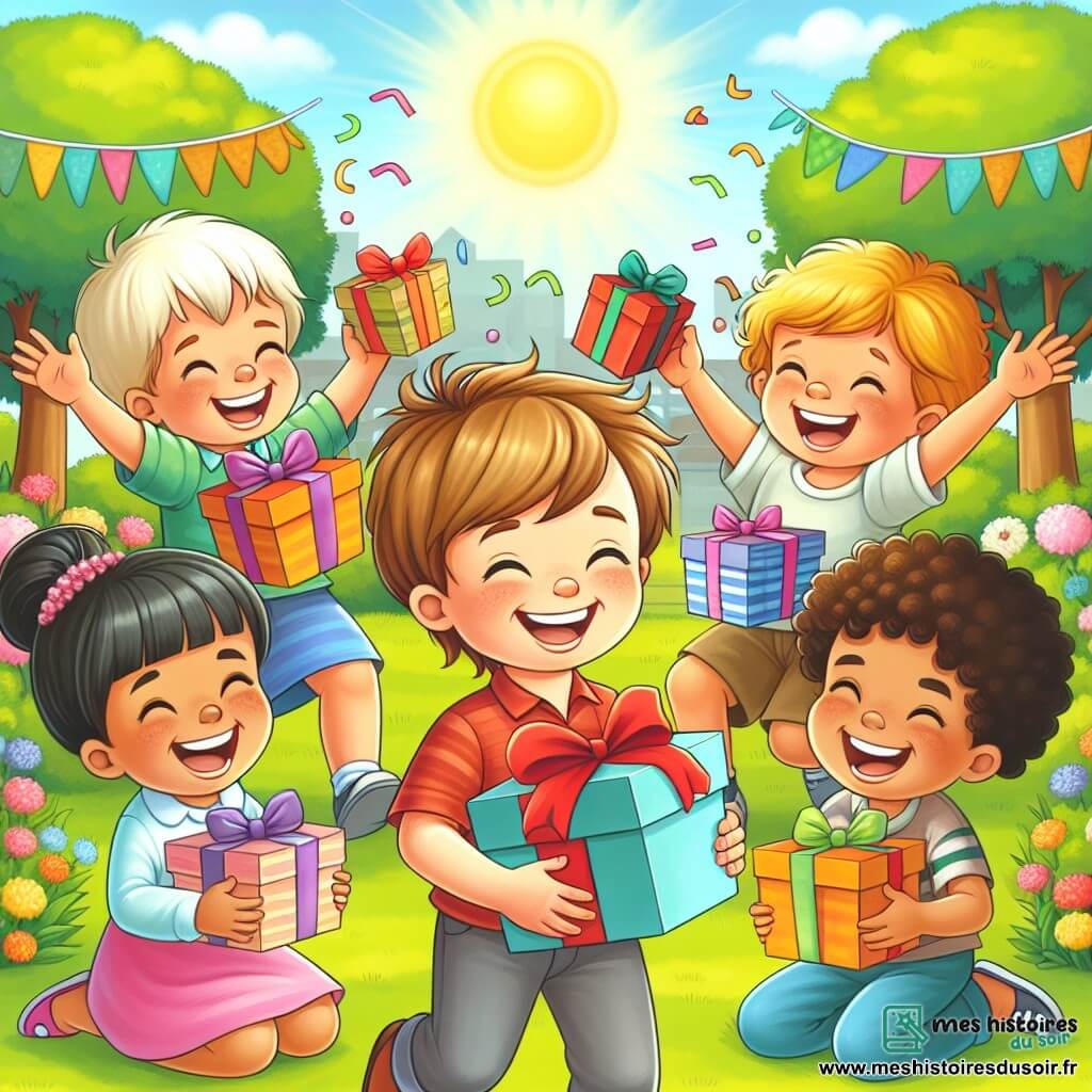 Une illustration destinée aux enfants représentant un petit garçon joyeux fêtant son anniversaire dans un jardin ensoleillé, entouré de ses amis (2 garçons et 2 filles) portant des cadeaux colorés et des sourires éclatants.