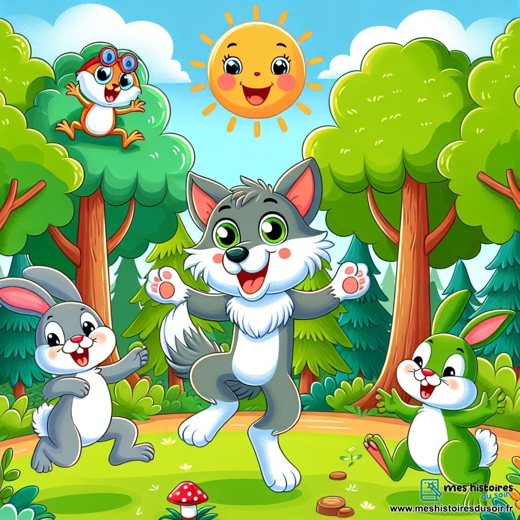 Une illustration sous forme de dessin destinée aux enfants représentant une forêt ensoleillée avec des arbres aux feuilles vertes vibrantes, un loup au pelage gris et aux yeux pétillants dansant joyeusement avec un chapeau rouge sur la tête, entouré d'une lapine aux grandes oreilles et d'une grenouille sautillante, tous trois riant ensemble alors qu'un écureuil espiègle, portant le chapeau, effectue des pirouettes au milieu de leurs rires, créant une scène pleine de bonheur et d'amitié.