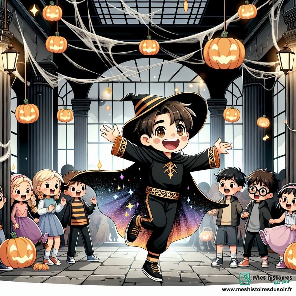 Une illustration sous forme de dessin destinée aux enfants représentant un magasin abandonné décoré pour Halloween, avec des toiles d'araignées et des lanternes de citrouille, où un garçon de 11 ans aux cheveux bruns et aux yeux pétillants, vêtu d'un costume noir et or avec une grande cape flottante, danse joyeusement avec un groupe d'enfants, dont une fille aux cheveux blonds en tresse et un garçon aux lunettes, tous souriants et émerveillés par les ombres amicales qui les entourent, créant une atmosphère magique et festive de camaraderie et de bravoure.