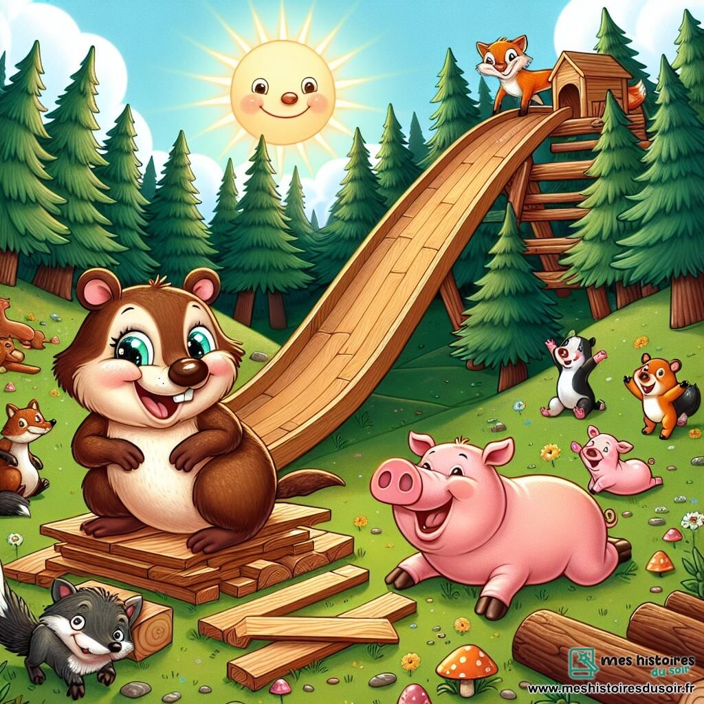 Une illustration sous forme de dessin destinée aux enfants représentant une clairière ensoleillée au cœur d'une forêt enchantée, où une petite marmotte au pelage brun et aux yeux pétillants, perchée sur un tas de planches de bois, esquisse des plans pour un toboggan géant, entourée de ses amis : un cochon rose aux joues rondes qui rit aux éclats, une vache blanche et noire qui s'étire en souriant, et un renard rusé aux yeux malicieux, tous prêts à l'aider à réaliser son rêve amusant de glissade.