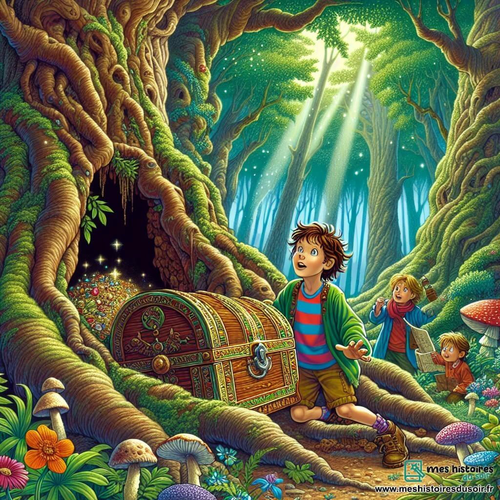 Illustration d'une forêt enchantée avec de grands arbres aux troncs noueux et un plafond de lumière tamisée formé par leurs feuilles vertes. Au sol, des fleurs colorées et des champignons étranges ajoutent de la magie. Au centre, une fille de 11 ans, cheveux bruns en bataille et yeux pétillants, est agenouillée près d'un tronc creux. Elle porte un t-shirt coloré, un short et des baskets usées, exprimant excitation et curiosité en découvrant un coffre en bois décoré, rempli de pièces d'or et de bijoux. Deux garçons d'environ 10 ans, l'un blond et l'autre brun, observent avec fascination, l'un tenant une carte et l'autre pointant le coffre. La scène montre l'aventurière découvrant un trésor, entourée de l'émerveillement de ses amis, dans une ambiance magique avec des lucioles scintillantes.
