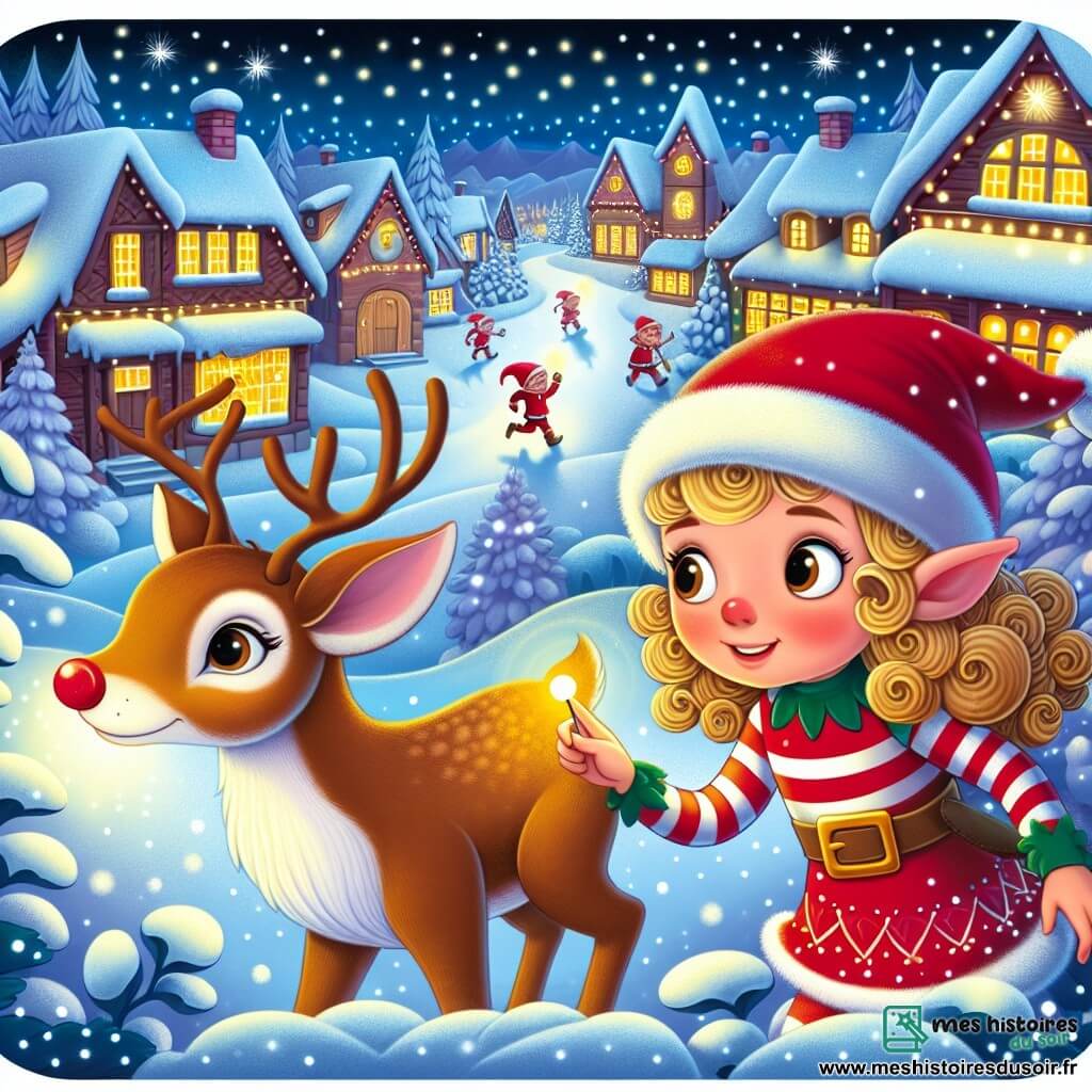 Une illustration destinée aux enfants représentant une jeune fille aux cheveux bouclés couleur de blé, aidant un lutin rouge à retrouver un renne farceur dans un village recouvert de neige, illuminé par des lumières scintillantes et une atmosphère chaleureuse.