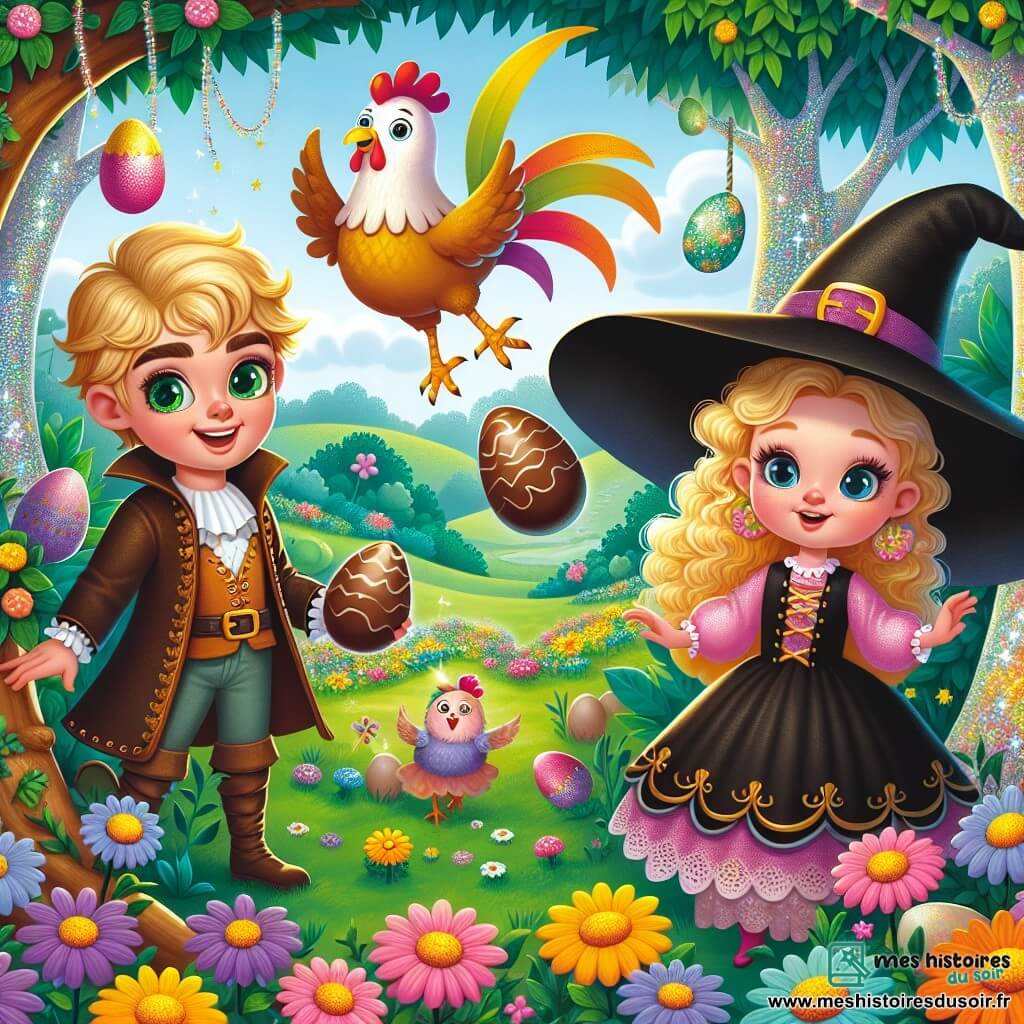 Une illustration sous forme de dessin destinée aux enfants représentant un jardin enchanté aux fleurs multicolores et aux arbres aux troncs scintillants, où un prince courageux aux cheveux blonds et aux yeux pétillants, souriant et tenant un œuf en chocolat, se tient aux côtés de sa meilleure amie, une petite sorcière aux cheveux bouclés et au grand chapeau noir, tandis qu'ils observent une poule volante en papier mâché qui laisse tomber des œufs en chocolat, symbolisant leur quête amusante pour retrouver la flamme d'un petit dragon.
