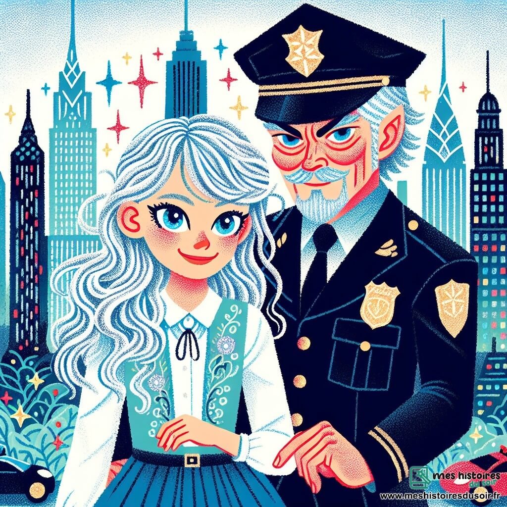 Une illustration destinée aux enfants représentant une jeune femme courageuse aux cheveux argentés et aux yeux scintillants, affrontant un méchant ennemi avec l'aide d'un policier reconnaissant, dans une ville lointaine pleine de gratte-ciels étincelants et de voitures volantes.