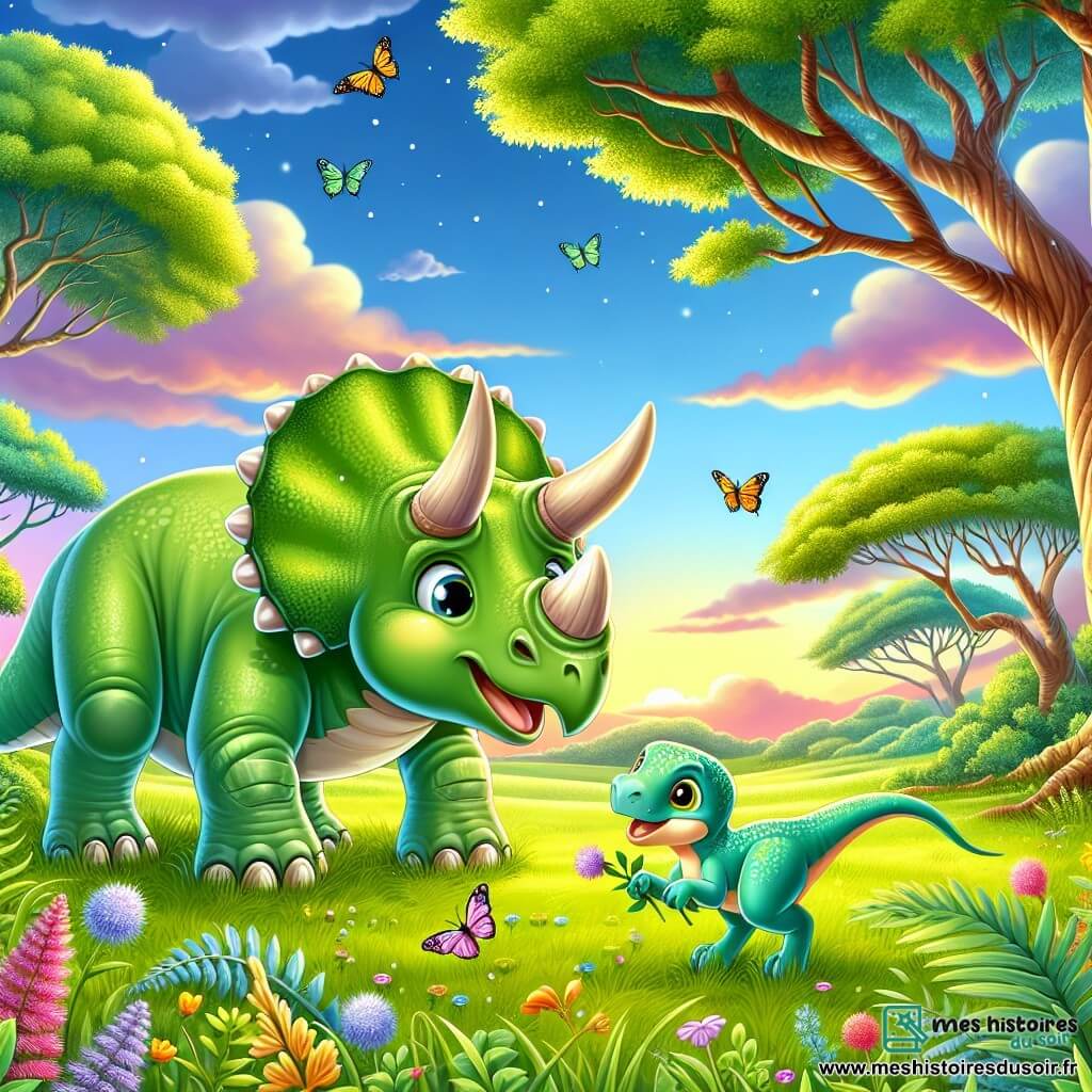 Illustration d'une vaste plaine verdoyante, avec de grands arbres aux feuilles éclatantes, sous un ciel bleu clair et des nuages blancs duveteux. Au premier plan, un tricératops joyeux à la peau verte et aux cornes majestueuses grignote des feuilles d'un arbre. À ses côtés, un petit vélociraptor aux plumes colorées saute avec enthousiasme en cherchant des insectes dans l'herbe. La scène évoque camaraderie et aventure, avec des fleurs colorées et des papillons dans l'air. En arrière-plan, le soleil se couche, teintant le ciel de nuances roses et oranges, ajoutant une touche magique à ce moment de joie partagée.