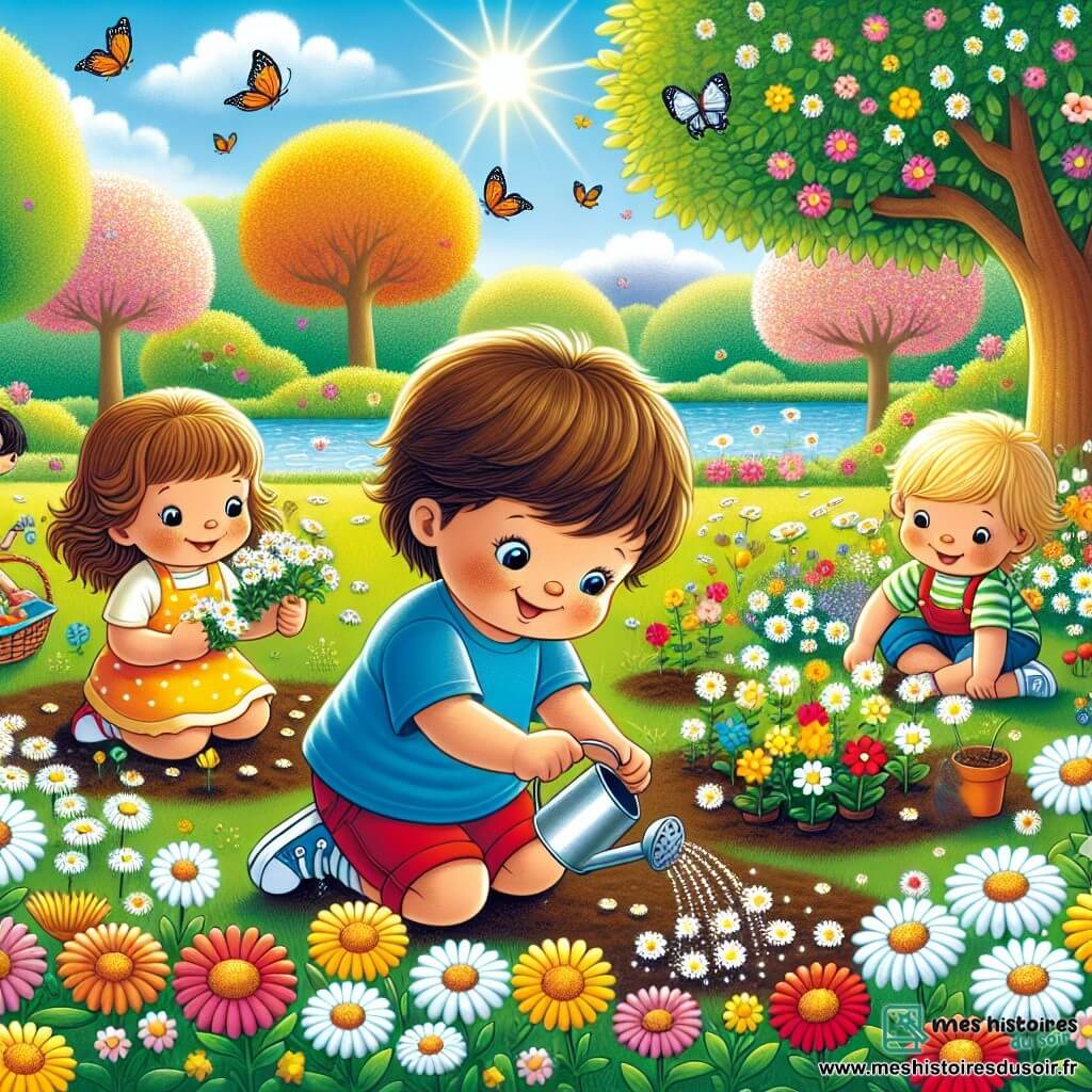 Illustration destinée aux enfants représentant un parc ensoleillé au printemps, rempli de fleurs colorées qui dansent au gré du vent, avec des arbres en fleurs et un ciel bleu éclatant. Au centre, un groupe d'enfants de trois ans, joyeux et souriants, s'affairent à planter des graines de marguerites : un garçon aux cheveux bruns, portant un t-shirt bleu et un short rouge, creuse la terre avec ses petites mains, tandis qu'une petite fille aux cheveux blonds, vêtue d'une robe jaune, arrose délicatement le sol avec un petit arrosoir. À leurs côtés, un autre garçon aux cheveux noirs, en t-shirt vert, tient une poignée de graines, prêt à les planter. L'atmosphère est remplie de rires et d'excitation, avec des papillons voletant autour d'eux et un pique-nique coloré étalé sur l'herbe à proximité.
