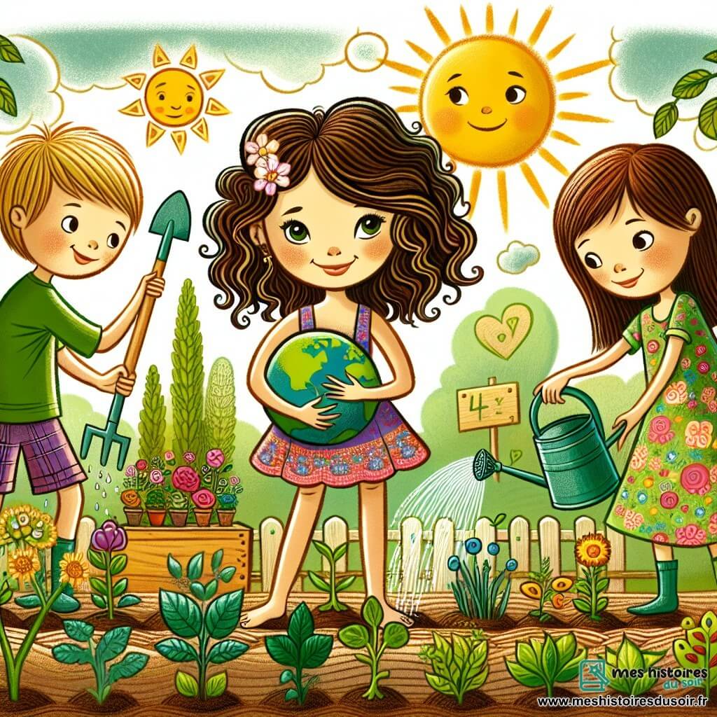 Une illustration sous forme de dessin destinée aux enfants représentant un jardin coloré et ensoleillé, avec une fille de 12 ans aux cheveux bruns et bouclés, souriante et déterminée, en train de planter des graines dans un potager, entourée de deux amis : un garçon aux cheveux blonds et courts, portant un t-shirt vert, qui tient une petite pelle, et une fille aux cheveux châtains et lisses, vêtue d'une robe à fleurs, qui arrose les plants avec un arrosoir, le tout illustrant leur engagement joyeux et collectif pour protéger la planète et sensibiliser à l'importance du changement climatique.
