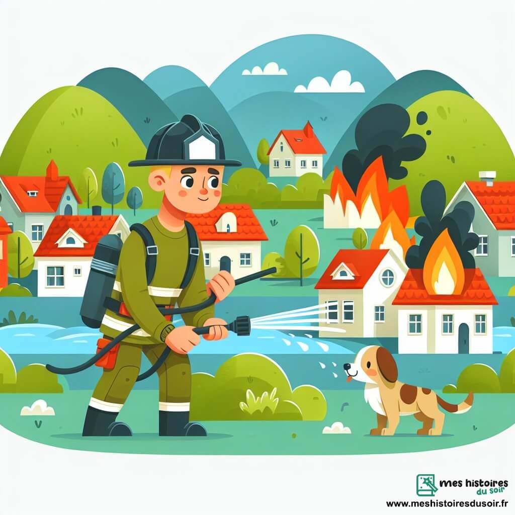 Une illustration destinée aux enfants représentant un pompier courageux et déterminé, accompagné d'un adorable chien, luttant contre un incendie dans un petit village pittoresque entouré de collines verdoyantes et de maisons colorées aux toits de tuiles rouges.