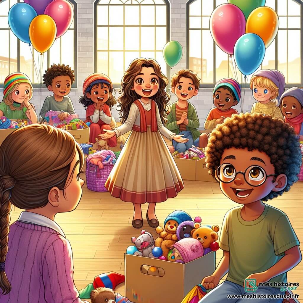 Illustration destinée aux enfants représentant un groupe d'enfants de 9 ans dans une salle polyvalente lumineuse, décorée de ballons colorés et de tables chargées de jouets et de vêtements. Au centre, une fille aux cheveux bruns et bouclés, souriante et pleine d'énergie, explique avec enthousiasme l'importance de la solidarité, tandis qu'un garçon aux vêtements usés et aux yeux pétillants l'écoute attentivement, entouré de ses camarades, dont une fille aux lunettes et une autre avec des tresses, qui s'affairent à distribuer des dons. L'atmosphère est joyeuse et chaleureuse, avec des enfants qui échangent des sourires et des rires, illustrant un moment de partage et de générosité.