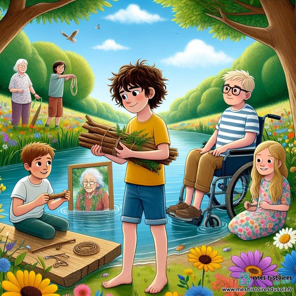 Illustration destinée aux enfants représentant un groupe d'enfants de 11 ans rassemblés au bord d'une rivière paisible, entourée de fleurs sauvages aux couleurs vives et de grands arbres aux feuilles verdoyantes, sous un ciel bleu éclatant. Au centre, un garçon aux cheveux bruns et bouclés, portant un t-shirt jaune et un short en jean, tient un morceau de bois, concentré sur la construction d'un radeau, tandis qu'une fille aux cheveux longs et blonds, vêtue d'une robe à fleurs, sourit en tenant une corde. À côté d'eux, un garçon en chaise roulante, avec des lunettes et un t-shirt à rayures, observe attentivement, prêt à donner des idées. L'atmosphère est joyeuse et pleine d'espoir, malgré la tristesse qui plane, symbolisée par une photo de leur grand-mère posée sur le banc en bois à proximité, évoquant les souvenirs partagés.