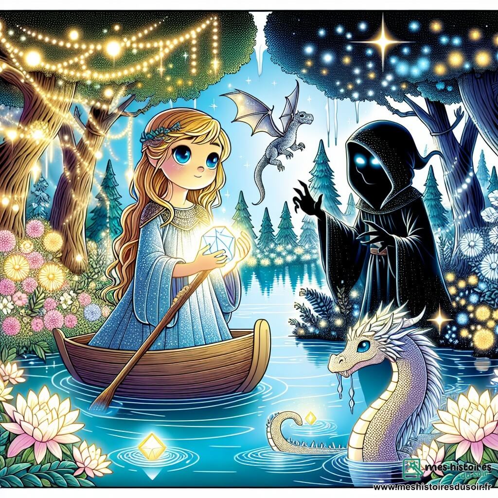 Une illustration sous forme de dessin destinée aux enfants représentant un lac scintillant entouré de fleurs lumineuses et de grands arbres dans un village magique, avec une fille de 12 ans aux cheveux dorés et aux yeux saphir, debout sur un petit bateau en bois, tenant un cristal lumineux dans ses mains, tandis qu'un petit dragon aux écailles argentées vole autour d'elle, tous deux faisant face à un sorcier maléfique drapé d'ombres, prêt à défendre l'île enchantée contre les ténèbres.