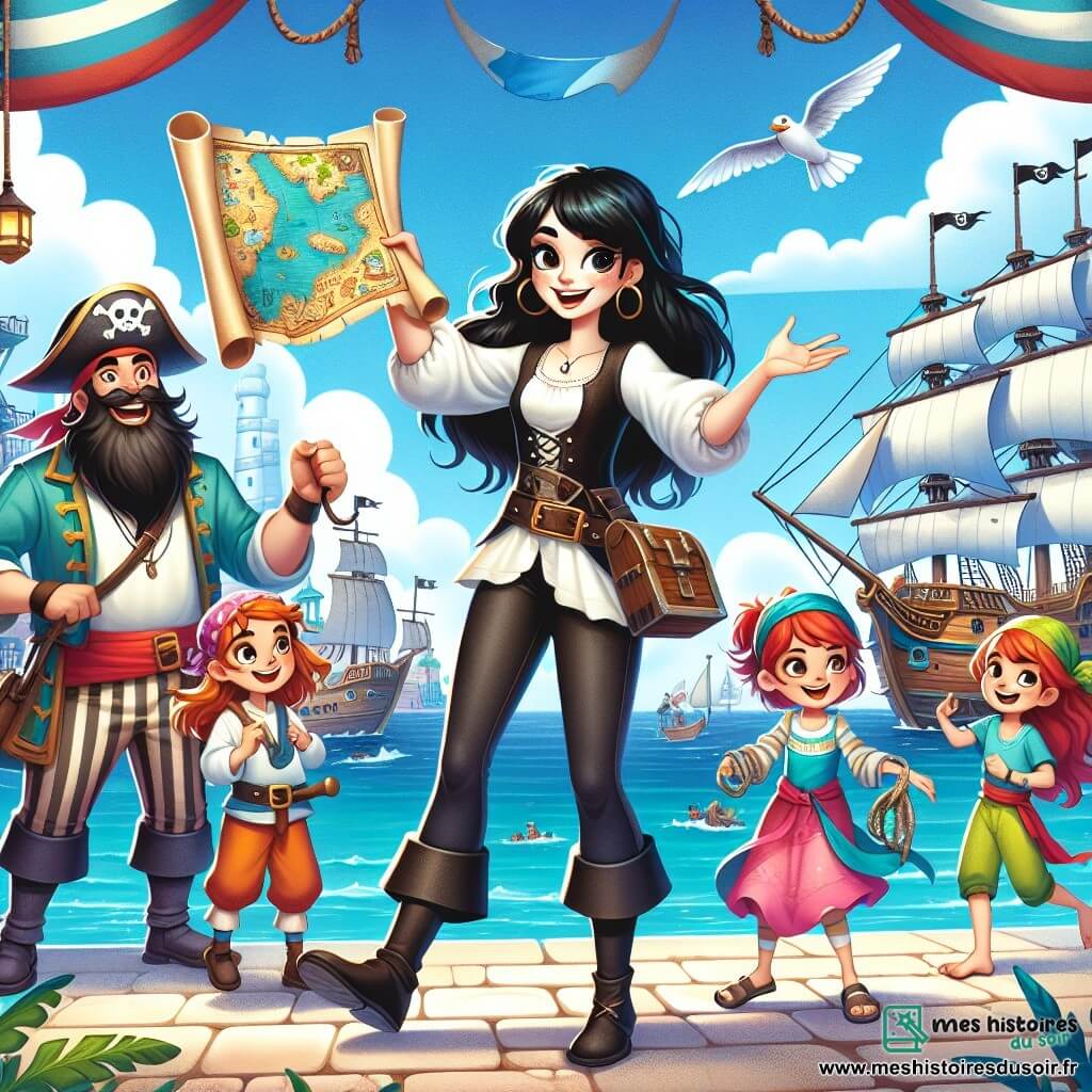 Une illustration sous forme de dessin destinée aux enfants représentant un port animé sous un ciel bleu éclatant, où une jeune femme aux cheveux d'un noir de jais, vêtue d'une chemise blanche et d'un pantalon de pirate, brandit fièrement une carte au trésor, entourée de son équipage composé d'un homme jovial à la barbe touffue, portant un tablier de cuisine, et d'une fille agile aux cheveux roux, tenant une corde, alors qu'ils se préparent à embarquer sur leur navire coloré, L'Étoile des Mers, pour une aventure palpitante à la recherche du trésor de la sirène Azura.