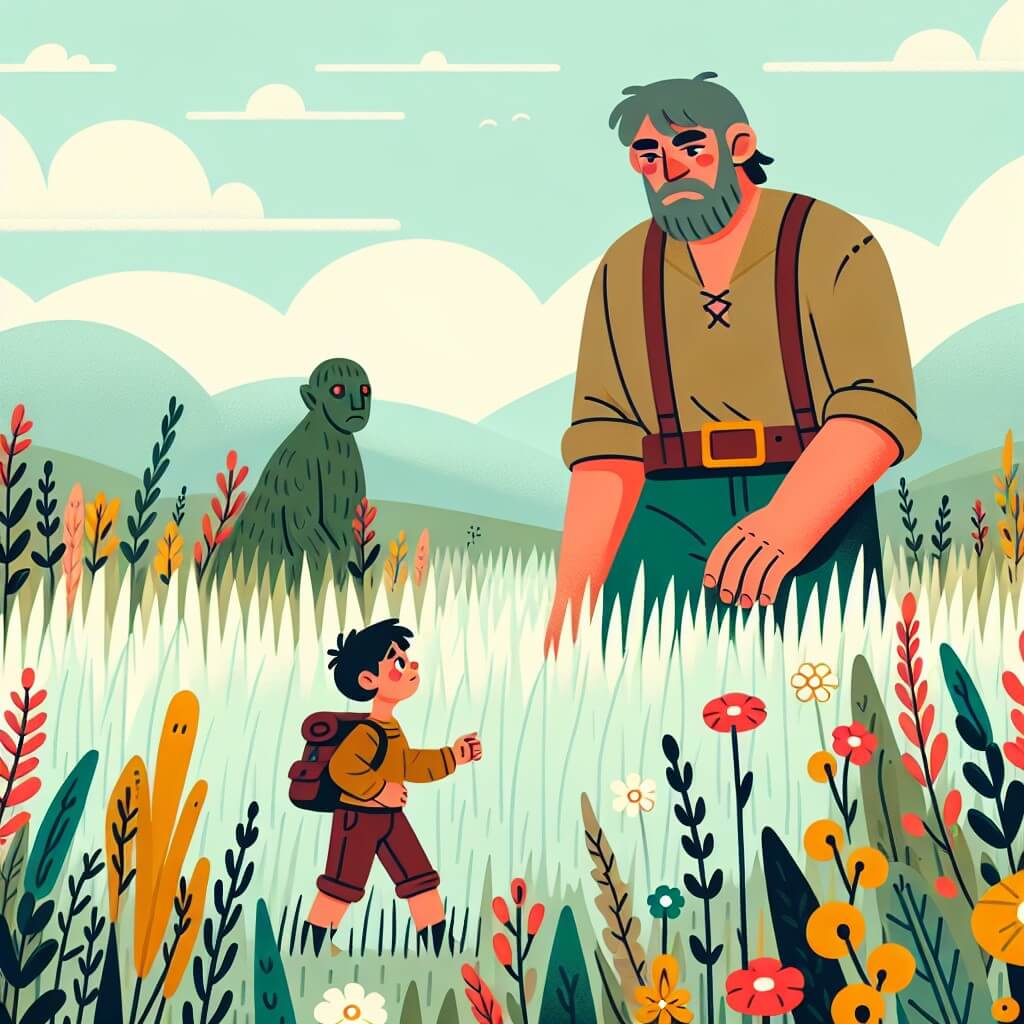 Une illustration destinée aux enfants représentant un(e) tout petit(e) aventurier(e) se retrouvant dans un monde de géants, accompagné(e) d'un géant triste et solitaire, dans un paysage immense rempli de hautes herbes et de fleurs colorées.