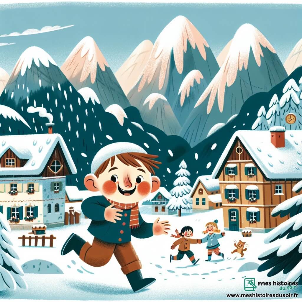 Une illustration destinée aux enfants représentant un jeune garçon, les joues rosies par le froid, s'amusant avec ses amis dans un petit village enneigé, entouré de majestueuses montagnes, lors d'un hiver rempli de surprises.