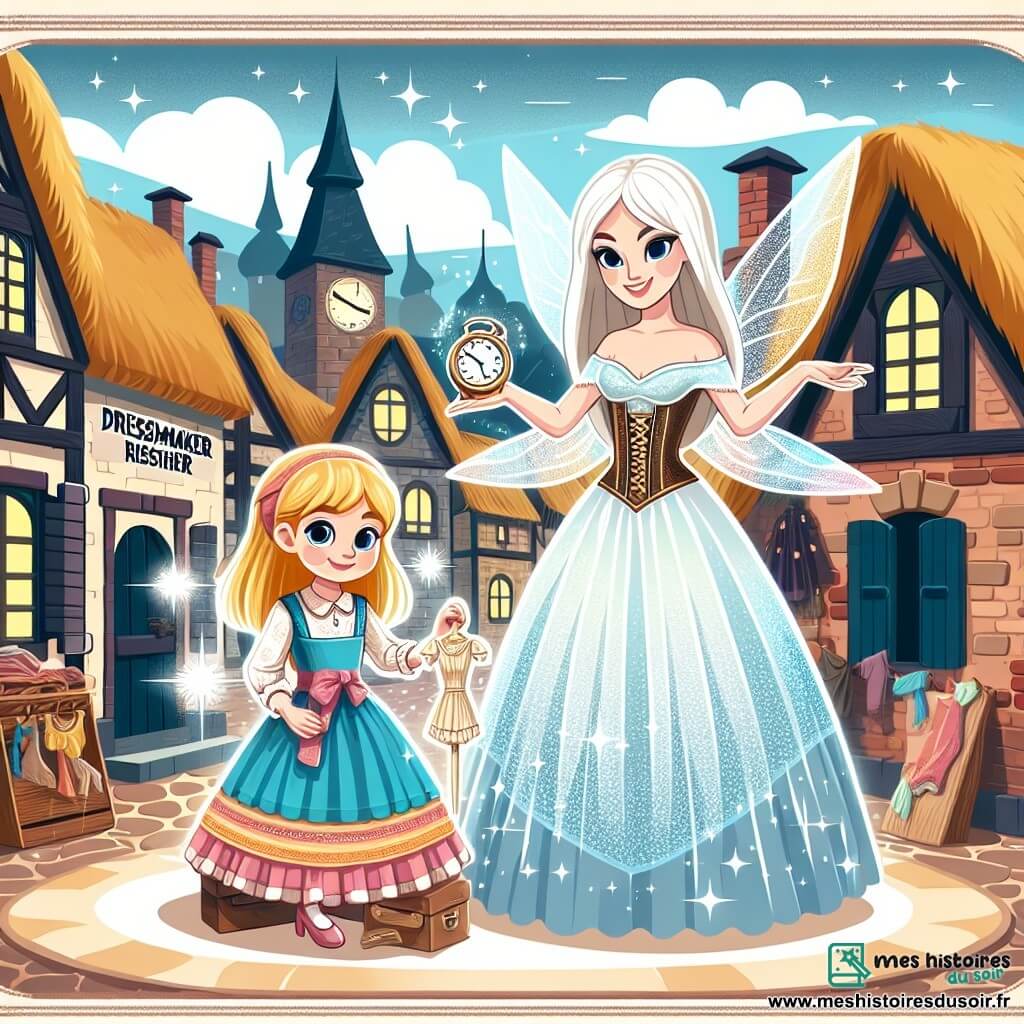 Une illustration destinée aux enfants représentant une jeune couturière talentueuse (fille) aux pouvoirs magiques, accompagnée d'une Fée des Temps (femme) étincelante, évoluant dans un village pittoresque aux toits de chaume et aux ruelles pavées, figé dans le temps par un sortilège maléfique.