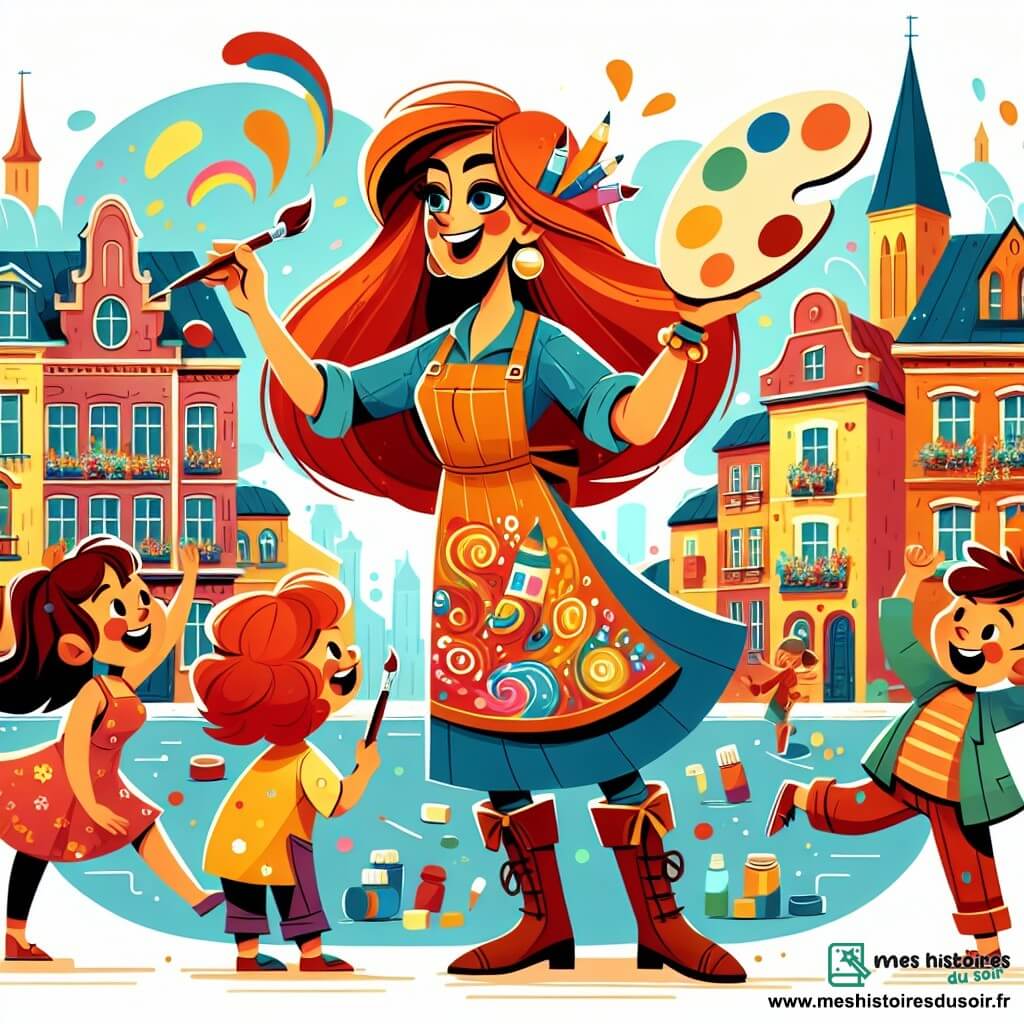 Une illustration destinée aux enfants représentant une artiste talentueuse aux cheveux flamboyants, partageant sa passion pour l'art avec des enfants, dans une ville colorée aux rues décorées de créations artistiques.