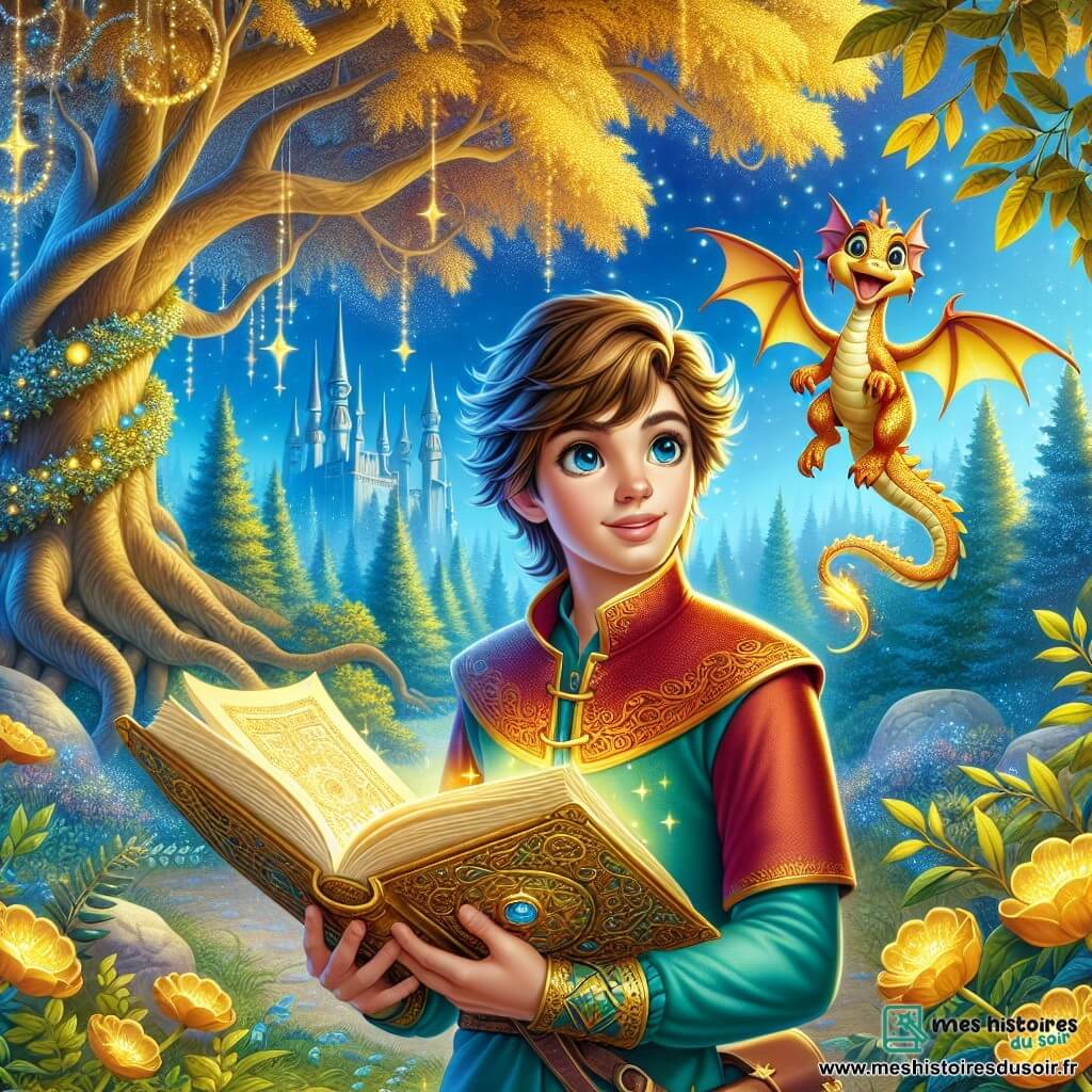 Une illustration sous forme de dessin destinée aux enfants représentant une forêt enchantée, avec des arbres majestueux aux feuilles dorées scintillant sous un ciel bleu, où un jeune homme aux cheveux bruns et aux yeux pétillants, vêtu d'une tunique colorée, tient un vieux livre magique ouvert devant lui, tandis qu'un petit dragon aux écailles étincelantes et aux yeux malicieux, flottant à ses côtés, l'encourage à découvrir les secrets de l'Arbre Doré, le tout baigné dans une atmosphère de mystère et d'aventure.