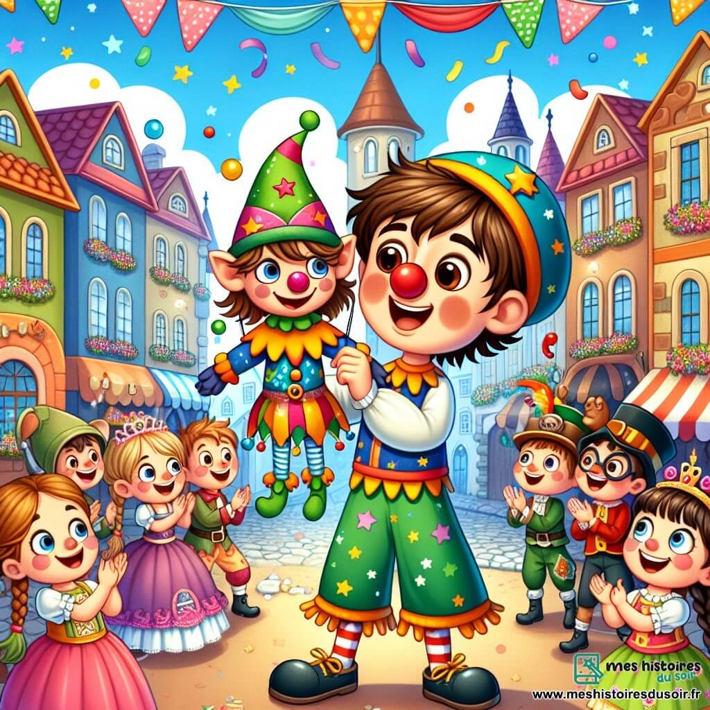 Illustration d'un carnaval animé dans un petit village coloré, avec des maisons aux façades vives ornées de guirlandes de fleurs et de lanternes scintillantes. Au centre, un garçon de 7 ans, cheveux bruns en bataille et yeux pétillants, porte un costume de clown multicolore et manipule une marionnette, un lutin aux vêtements éclatants. Autour de lui, des enfants de 6 à 8 ans, déguisés en princesses, pirates et animaux, rient et dansent. Une petite fille blonde tient un ballon en forme d'étoile, tandis qu'un garçon avec des lunettes rondes applaudit. La scène montre le moment magique où la marionnette s'anime, avec des confettis flottant dans l'air et des musiciens jouant une musique joyeuse en arrière-plan.